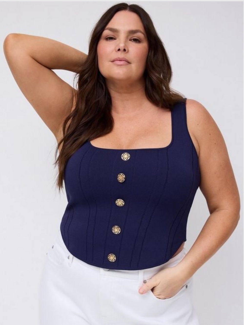 Torrid Studio Power Knit Corset Top Size 00 (US10) Navy Blue/Gold Buttons NWT